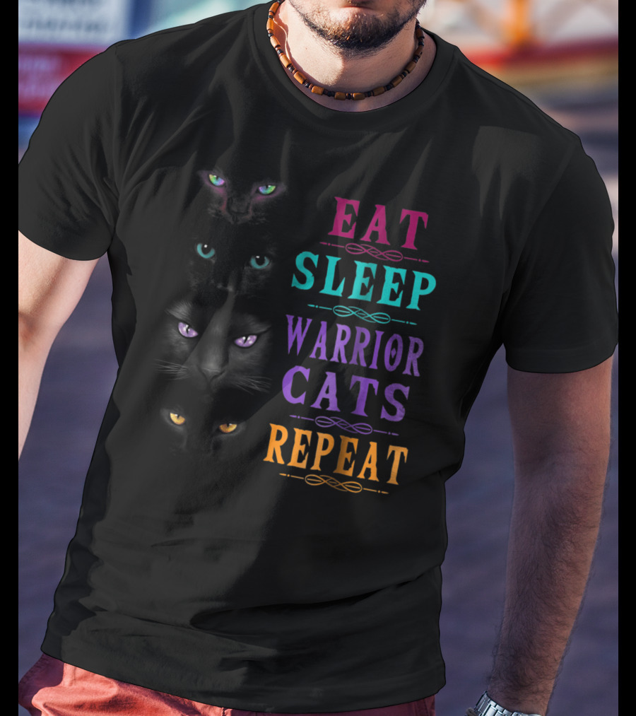 Eat Sleep Warrior Cats Repeat Four Cats Eyes T-Shirt