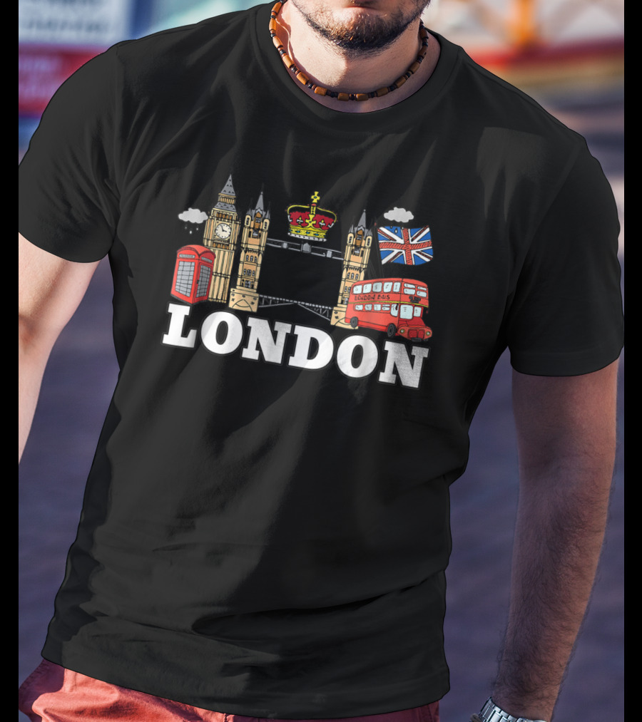 Big Ben Tower Bridge Crown London Bus Phone Box Union Jack Cloud T-Shirt