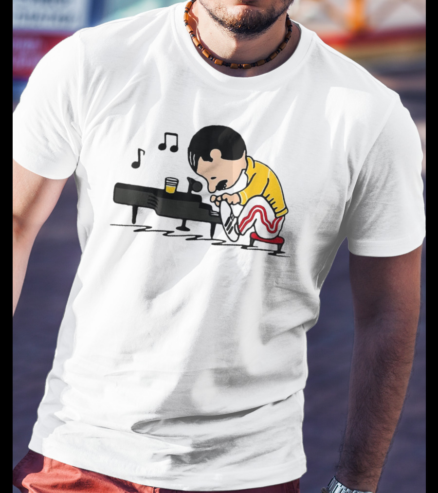 Freddie Peanuts Character Playing Piano With Yellow Jacket And Red Striped Pants T-Shirt