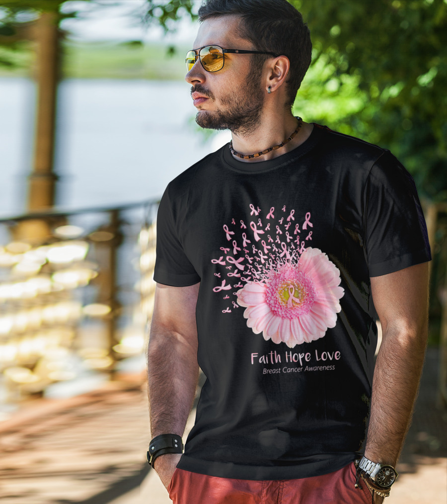 Faith Hope Love Breast Cancer Awareness Pink Ribbon Flower Explosion T-Shirt