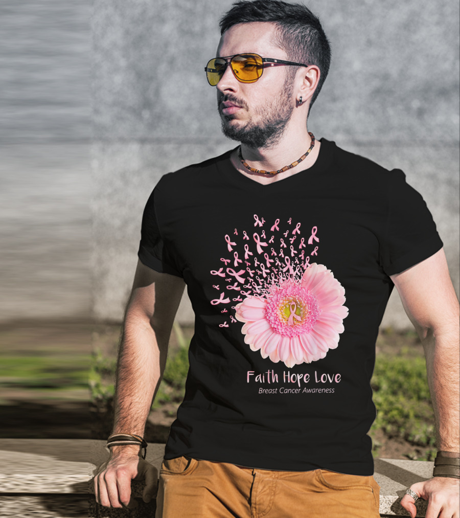 Faith Hope Love Breast Cancer Awareness Pink Ribbon Flower Explosion T-Shirt