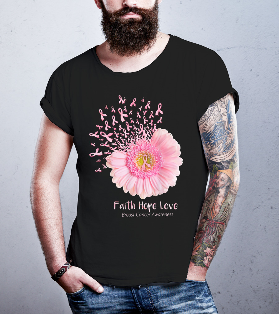 Faith Hope Love Breast Cancer Awareness Pink Ribbon Flower Explosion T-Shirt