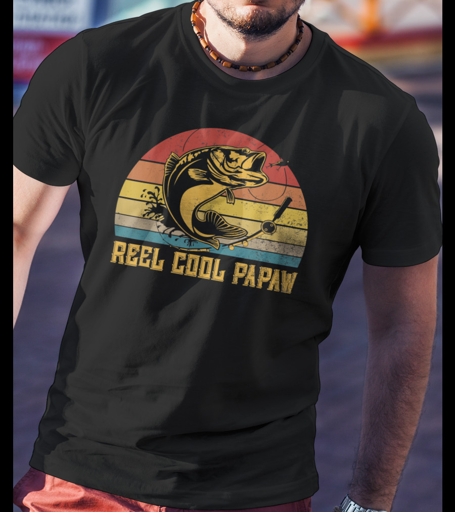 Father's Day Vintage Reel Cool Papaw Fishing Retro Stripes T-Shirt