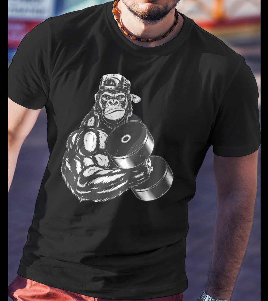 Ferocious Gorilla Bodybuilder Lifting Large Dumbbell In Cap T-Shirt
