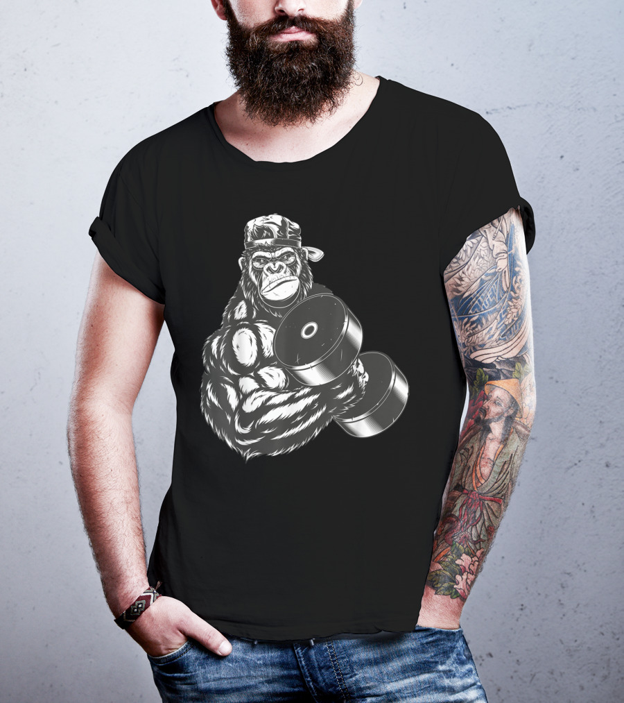 Ferocious Gorilla Bodybuilder Lifting Large Dumbbell In Cap T-Shirt