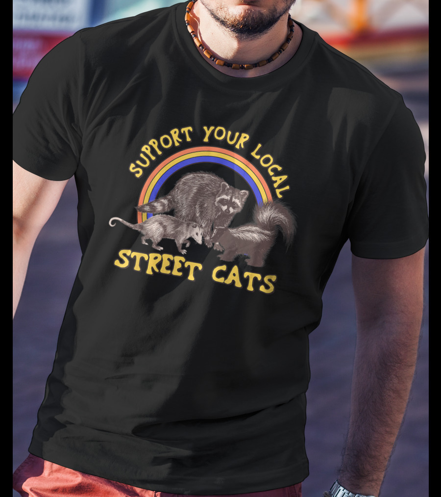 Support Your Local Street Cats Funny Raccoon Rainbow Trio T-Shirt