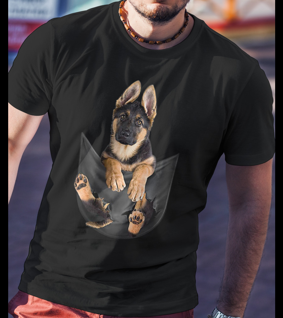 German Shepherd Puppy Paws Tearing Through Black Pocket T-Shirt