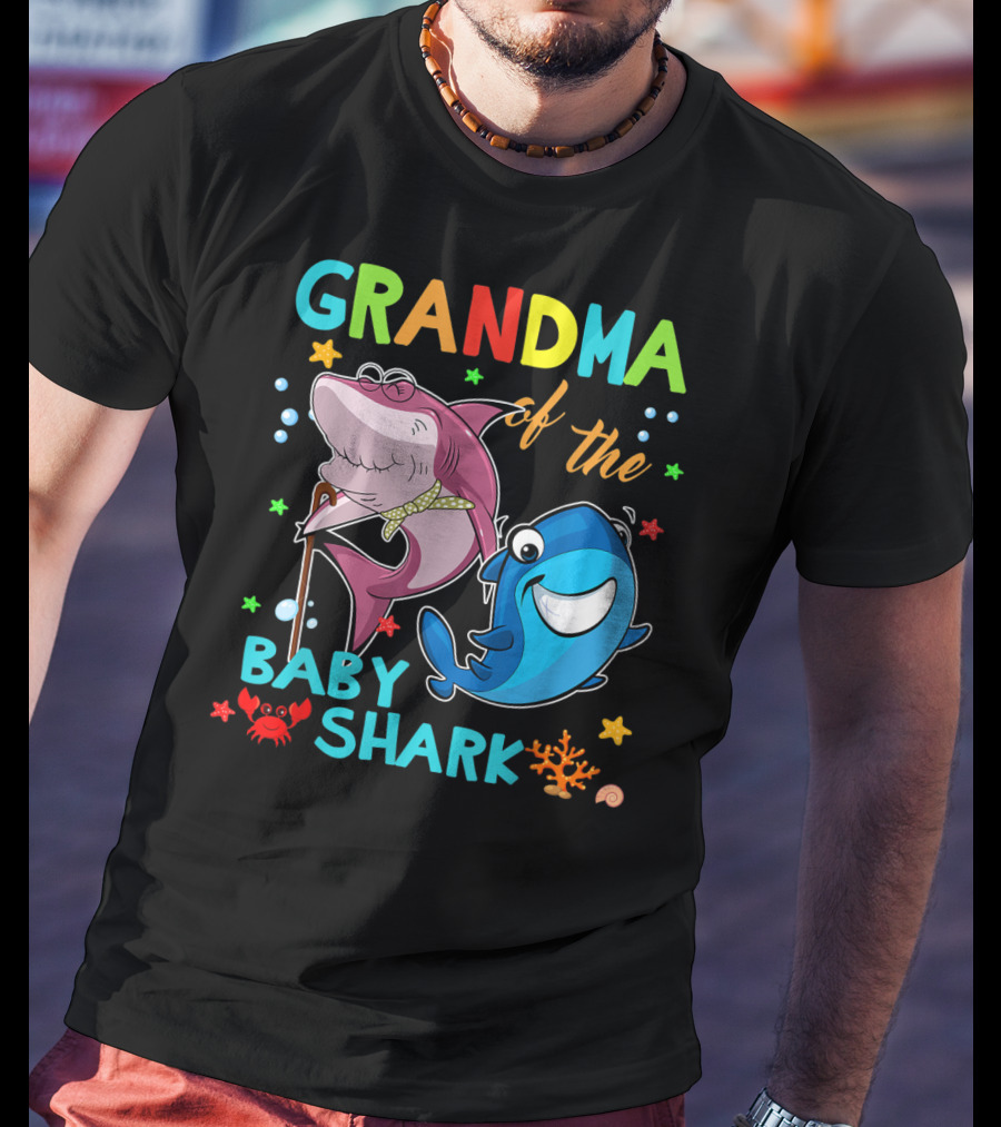 Grandma Of The Baby Shark With Colorful Cartoon Sharks And Sea Creatures T-Shirt