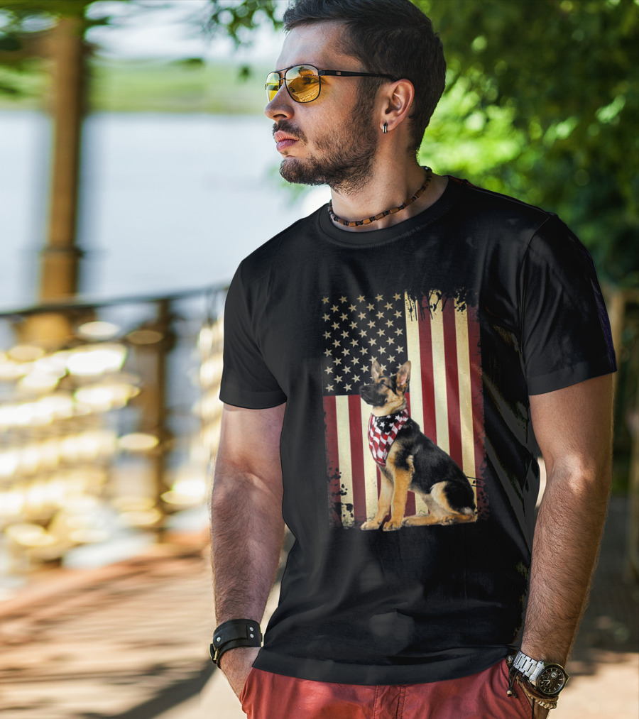 German Shepherd With American Flag Bandana In Front Of Stars And Stripes Flag T-Shirt