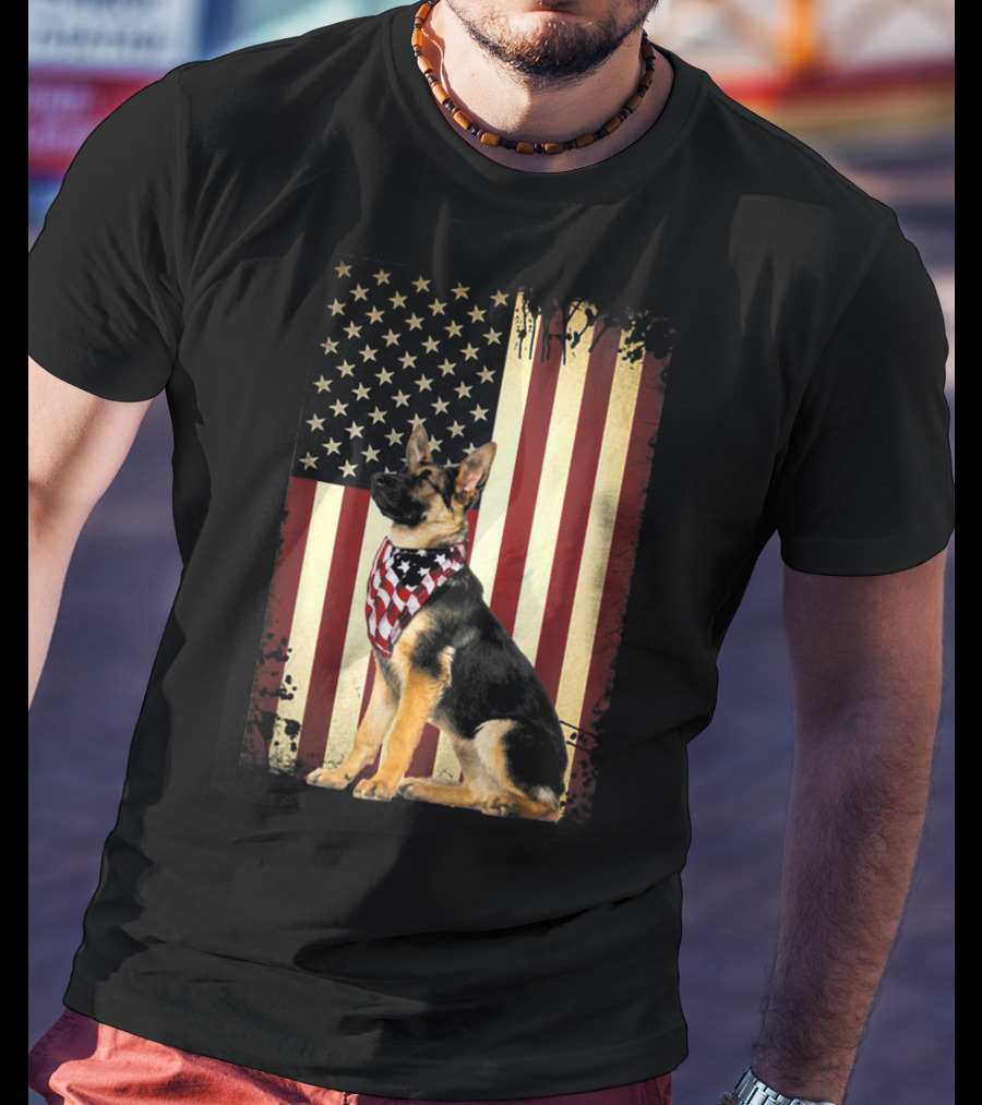 German Shepherd With American Flag Bandana In Front Of Stars And Stripes Flag T-Shirt