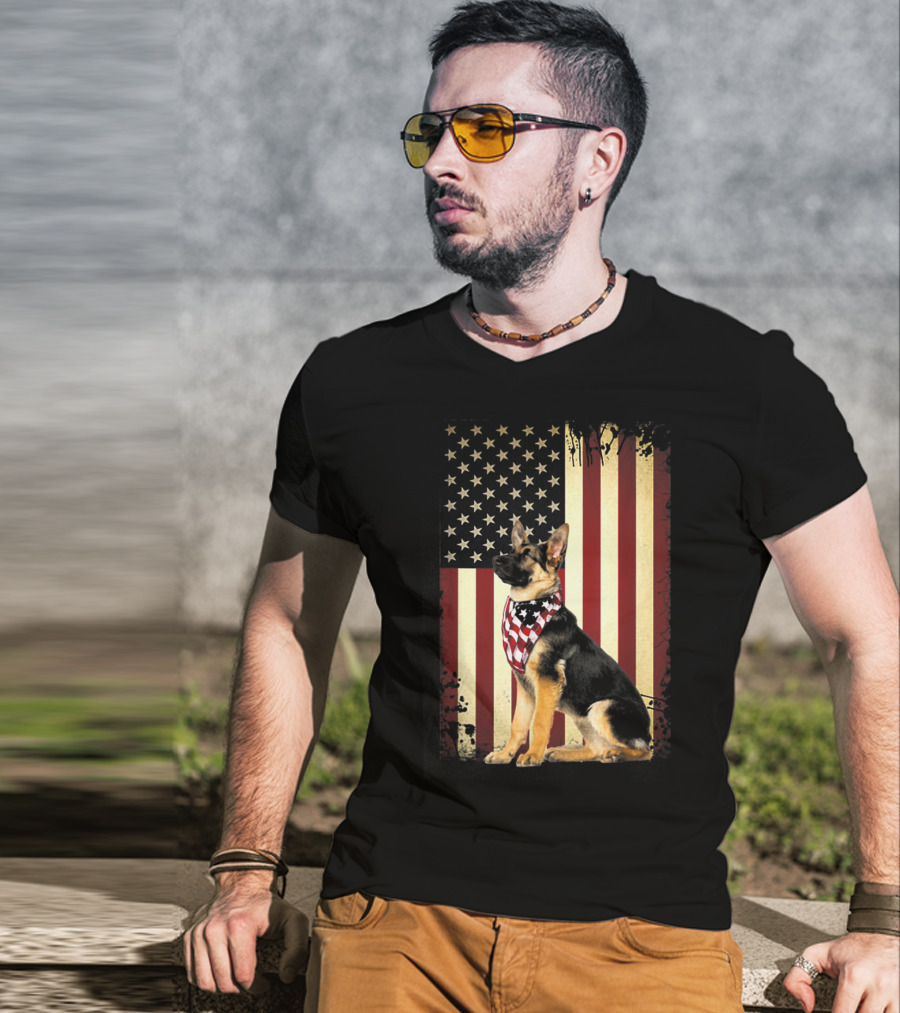 German Shepherd With American Flag Bandana In Front Of Stars And Stripes Flag T-Shirt