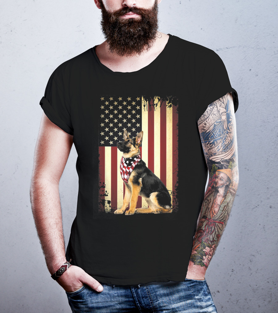 German Shepherd With American Flag Bandana In Front Of Stars And Stripes Flag T-Shirt