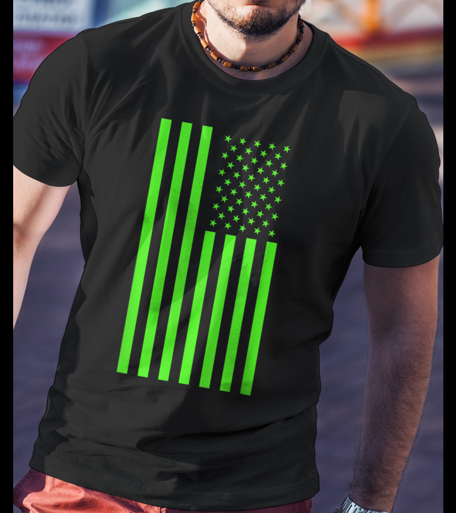 Green Banner USA Neon American Flag T-Shirt