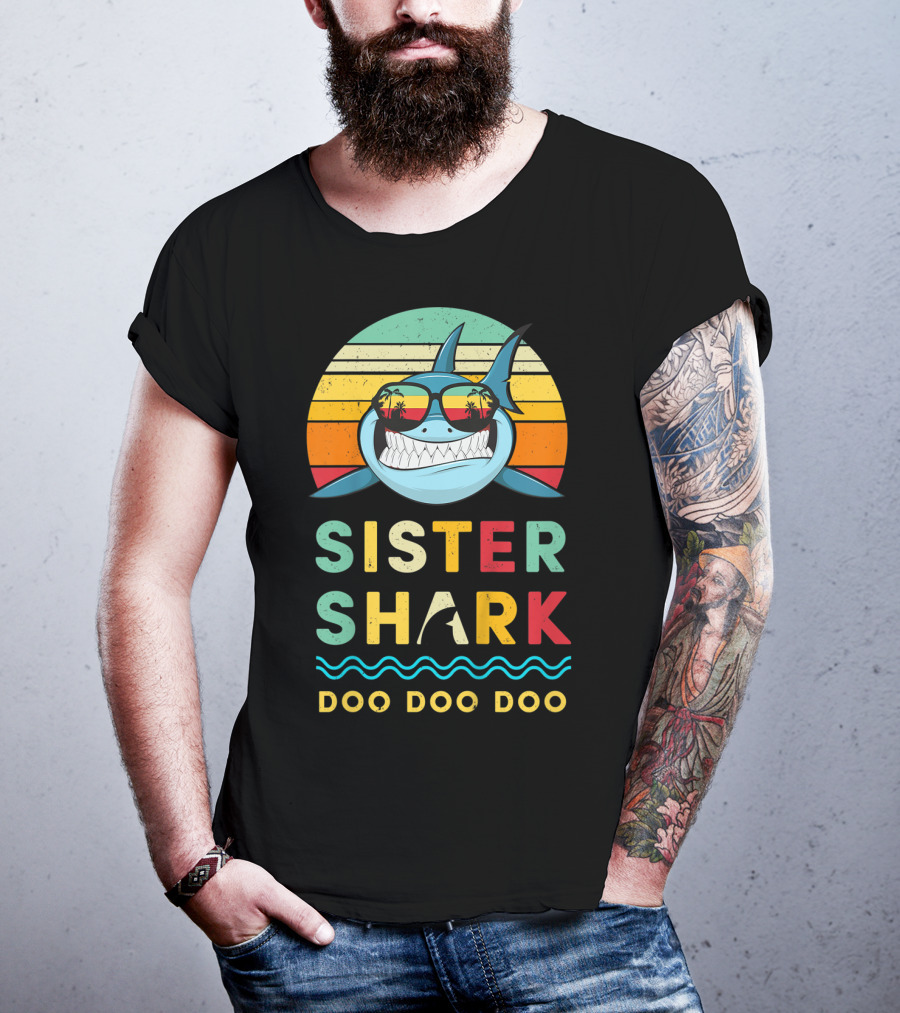 Sister Shark Doo Doo Doo Kids Toddlers Girls Retro Shark Sunglasses T-Shirt