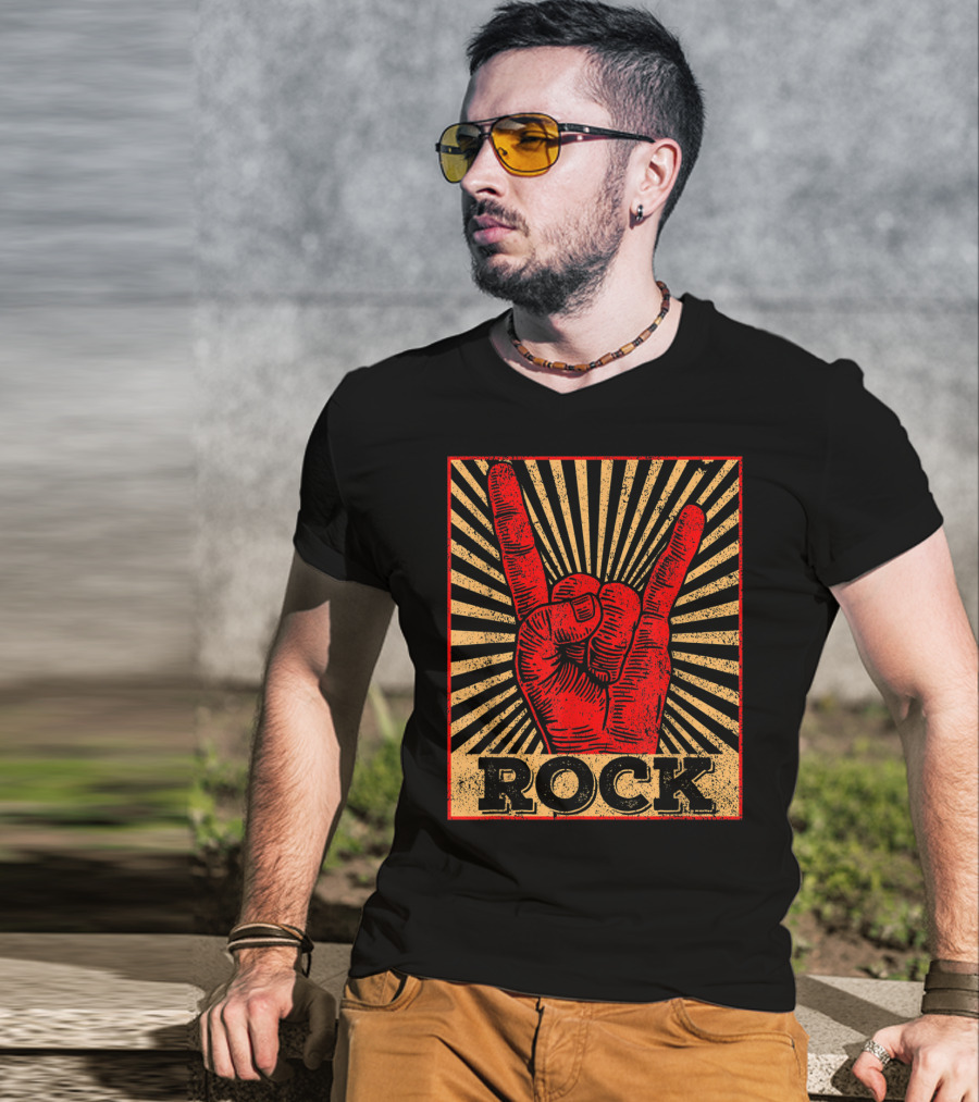 Vintage Rock N Roll Concert Band Hand Gesture Icon With Rock Text T-Shirt