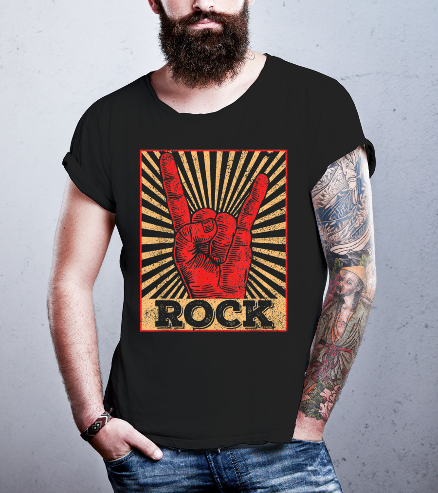 Vintage Rock N Roll Concert Band Hand Gesture Icon With Rock Text T-Shirt