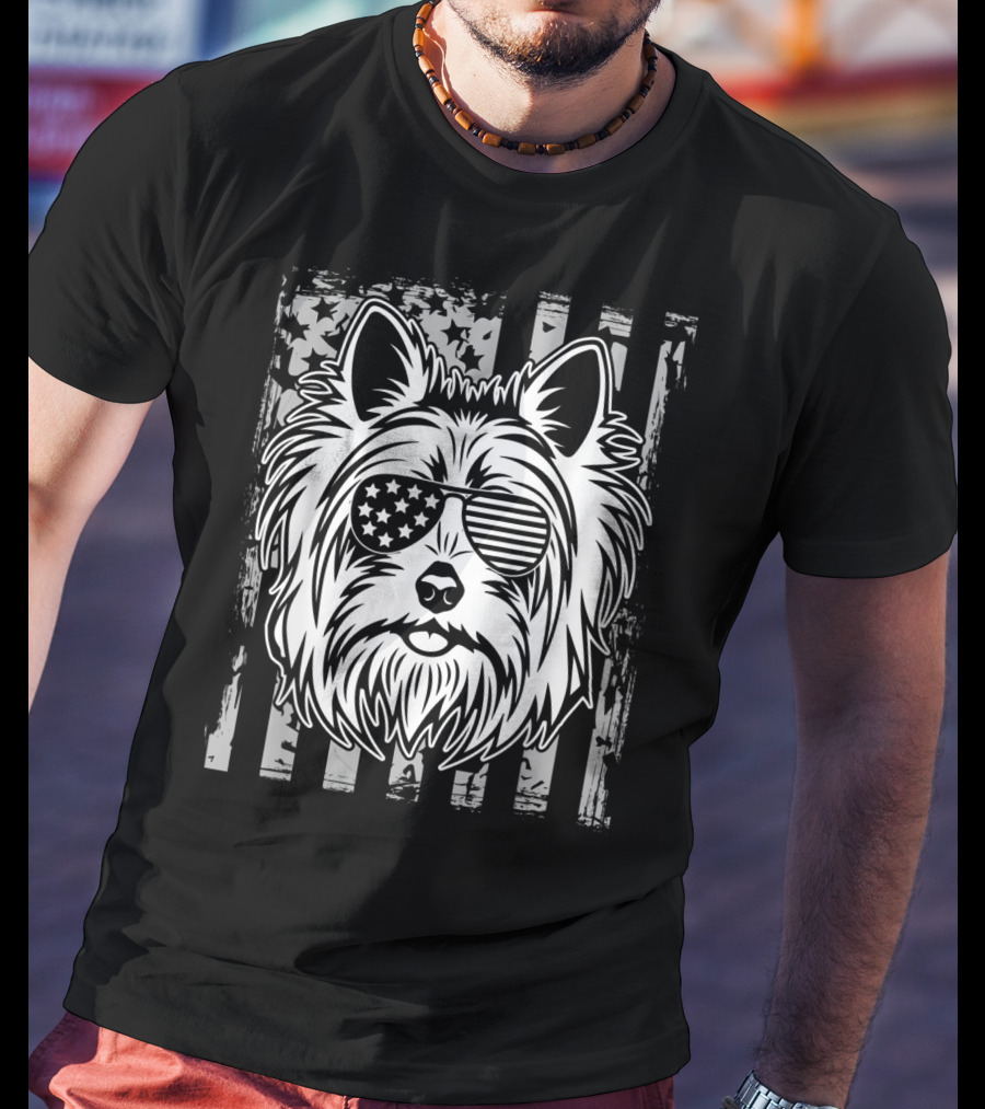 Vintage US Flag Sunglasses Yorkshire Terrier Face On Black Grunge Flag Background T-Shirt