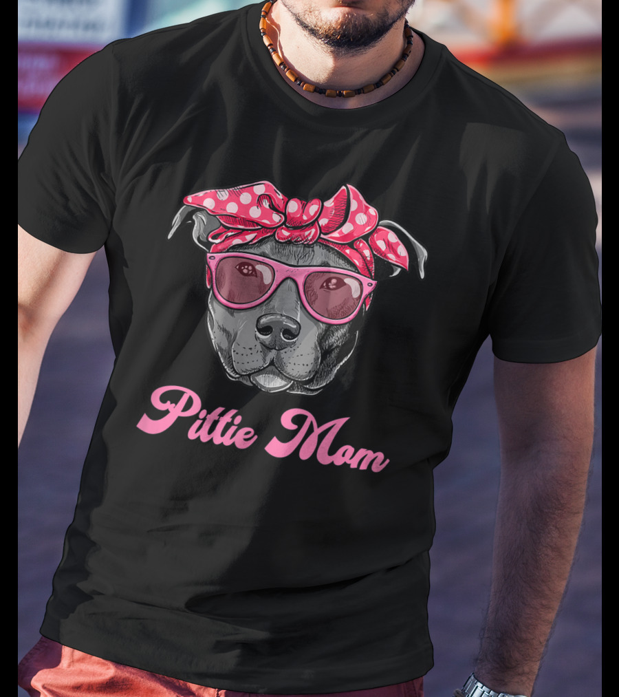 Pittie Mom Pitbull Dog With Polka Dot Bandana And Sunglasses T-Shirt