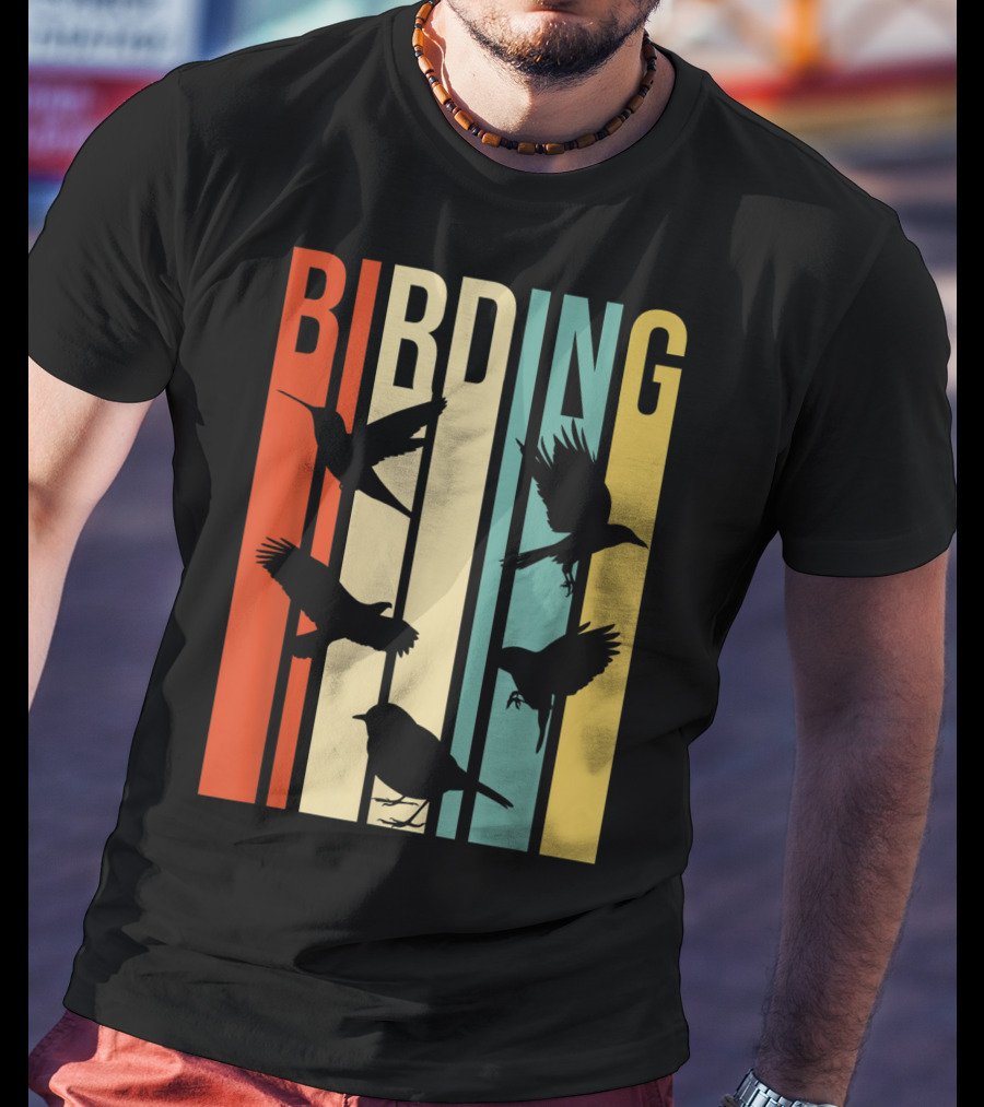 Vintage Style Birding For Birders With Silhouette Birds In Colorful Stripes T-Shirt