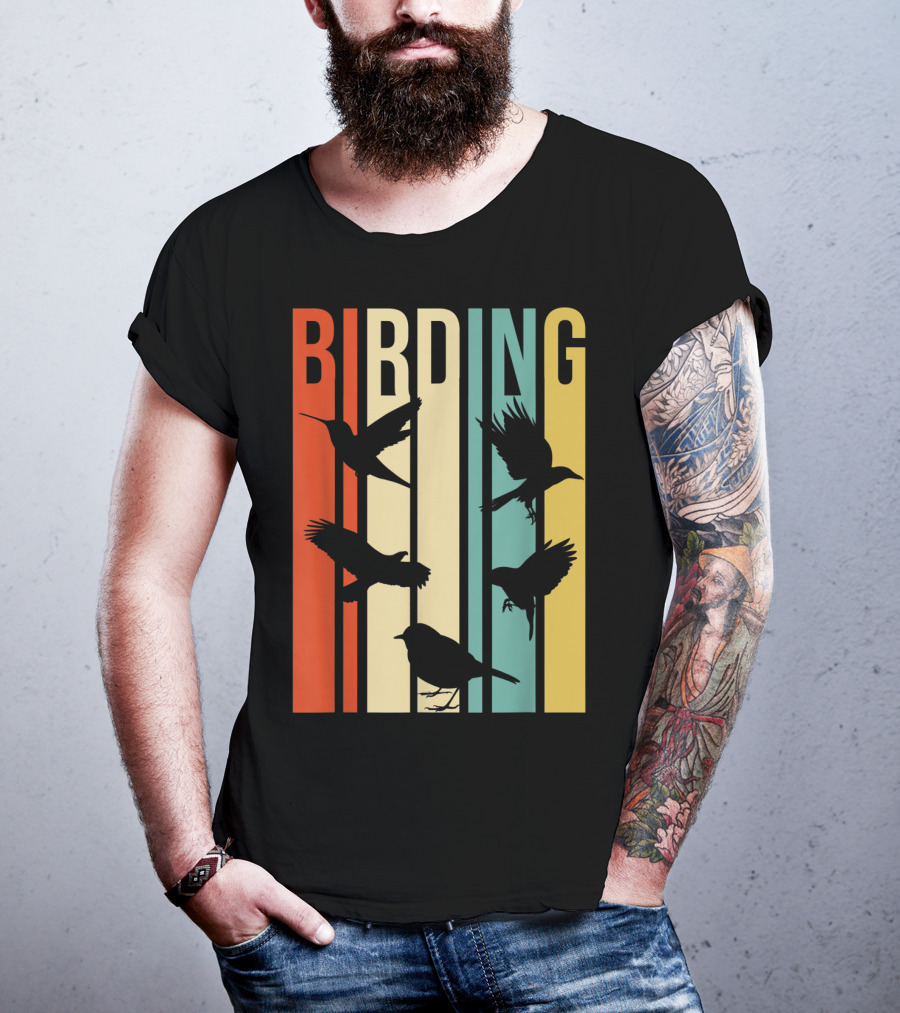Vintage Style Birding For Birders With Silhouette Birds In Colorful Stripes T-Shirt