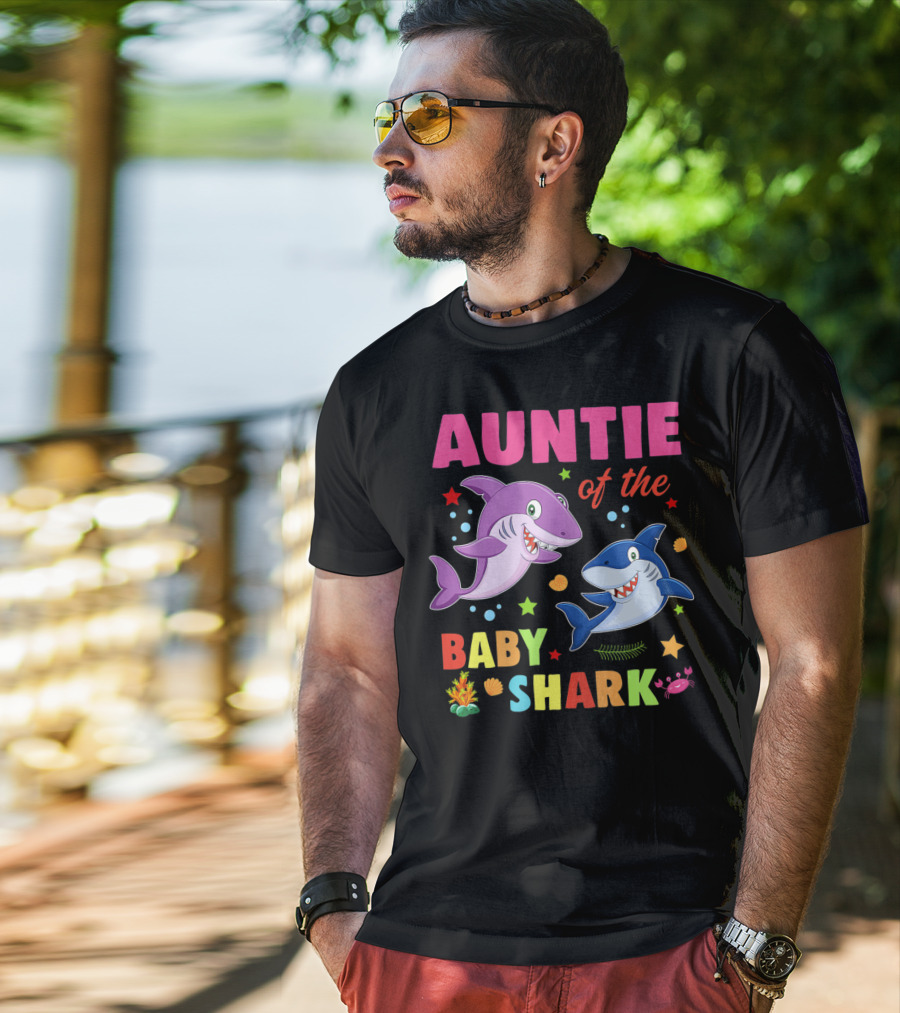 Auntie Of The Baby Shark Birthday Colorful Cartoon Sea Creatures T-Shirt