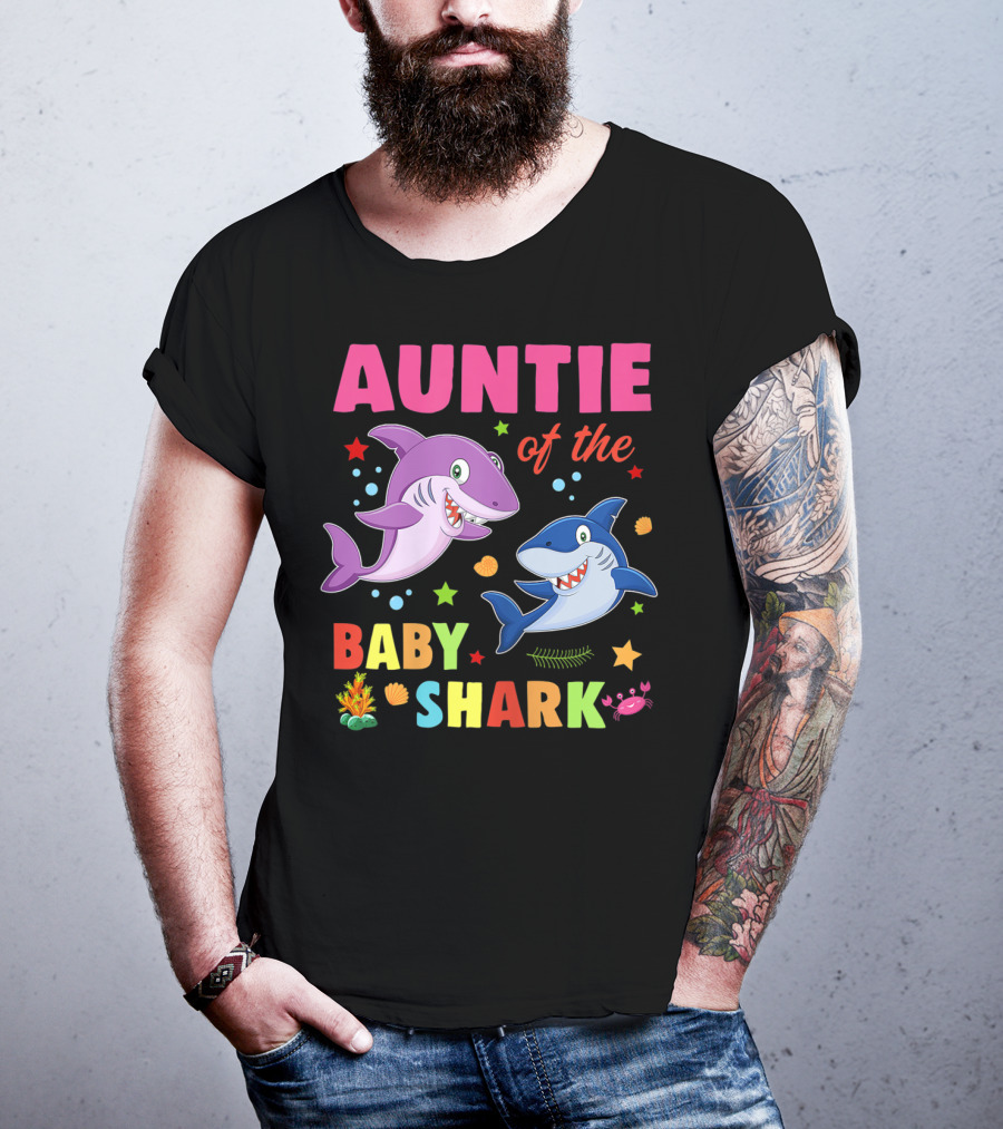 Auntie Of The Baby Shark Birthday Colorful Cartoon Sea Creatures T-Shirt