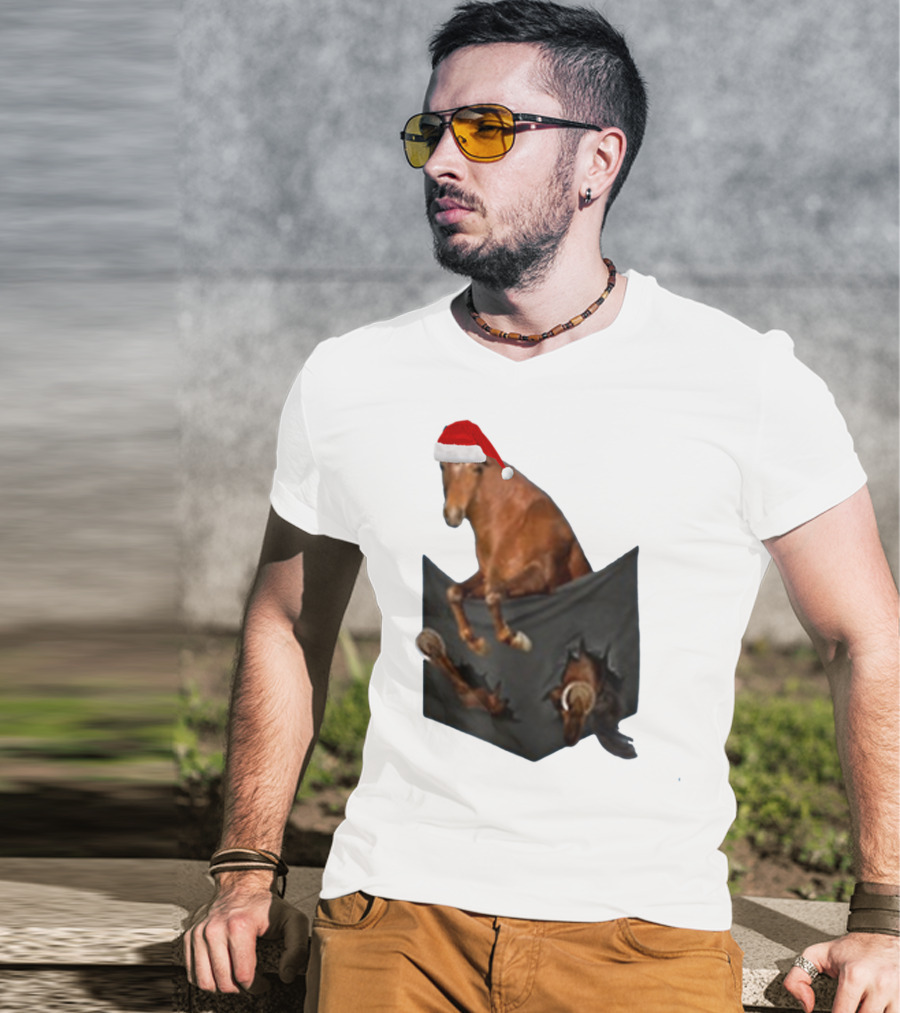 Santa Hat Criollo Horse Bursting From Pocket T-Shirt