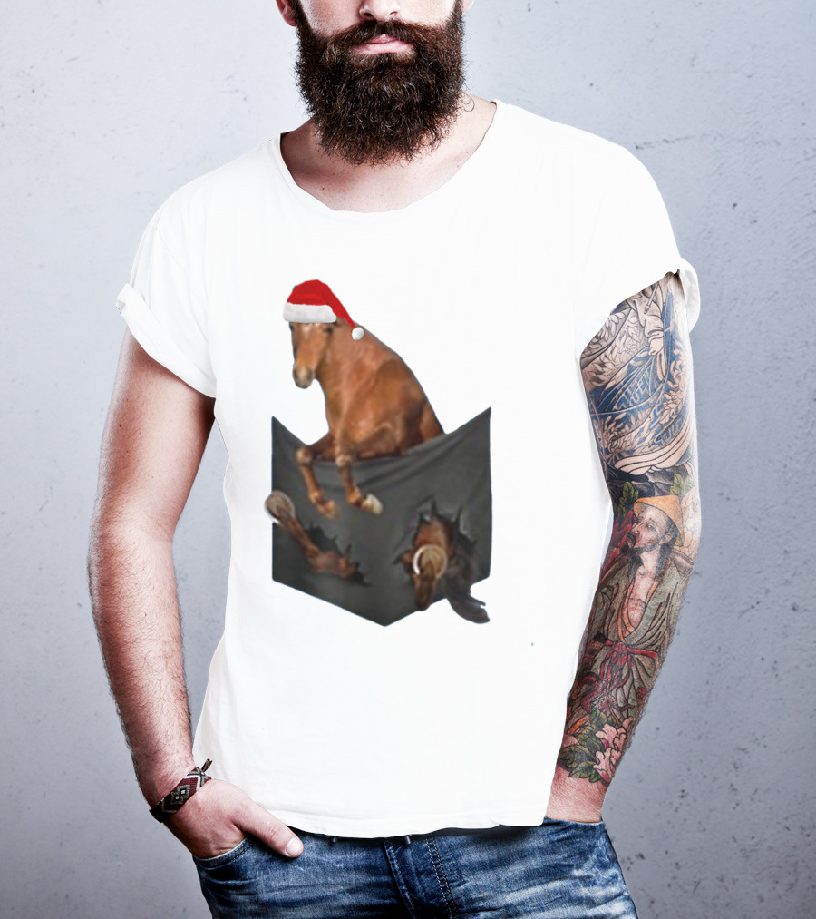 Santa Hat Criollo Horse Bursting From Pocket T-Shirt