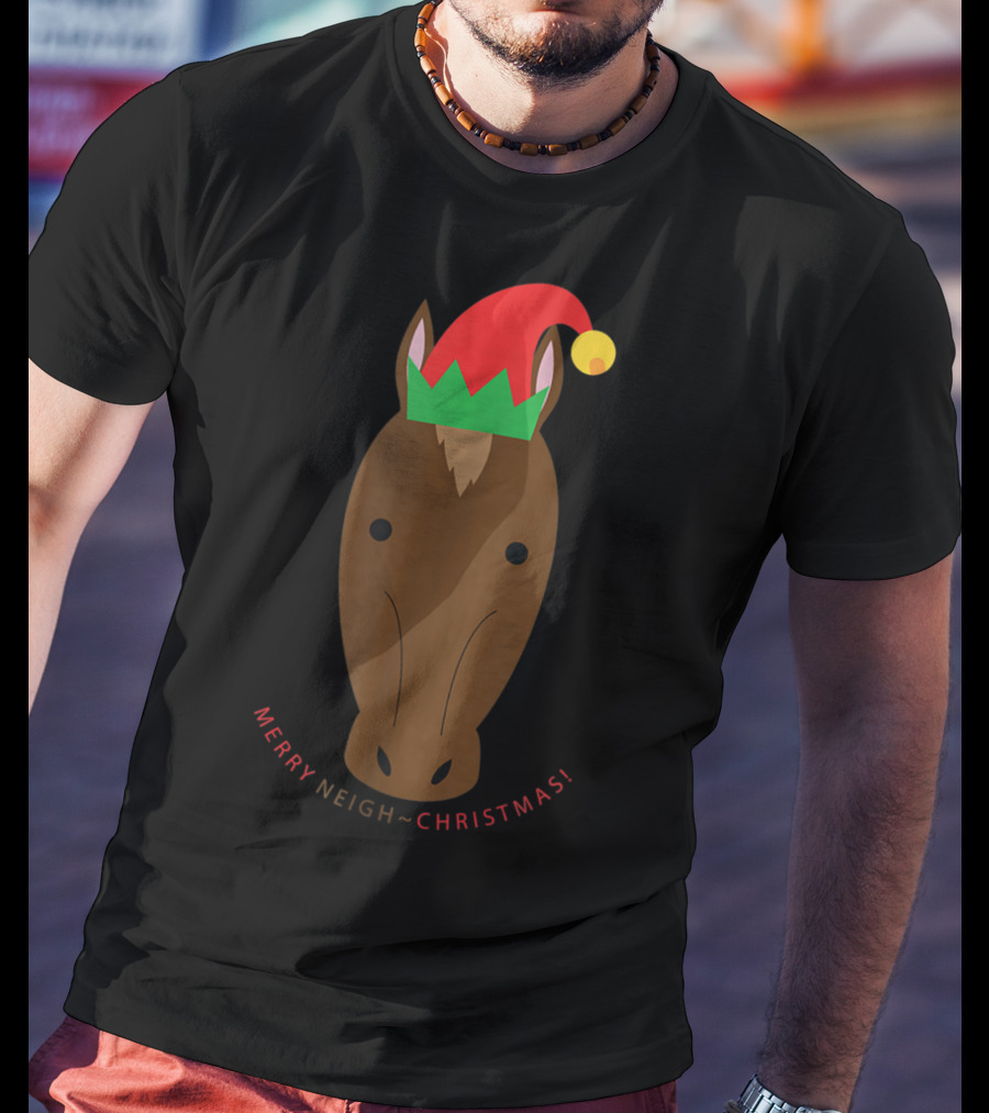 Merry Neigh Christmas Cute Horse Face Character T-Shirt