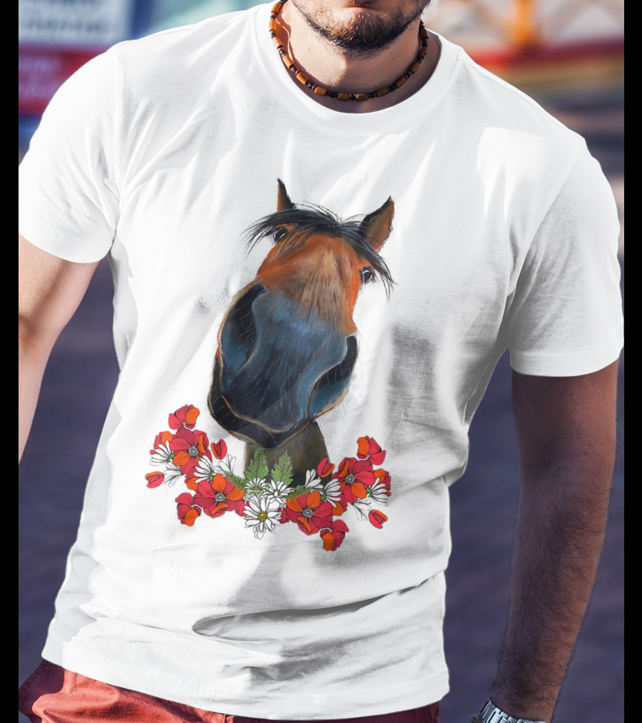 Adorable Horse With Red And White Flowers T-Shirt