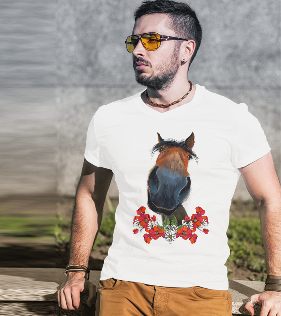 Adorable Horse With Red And White Flowers T-Shirt