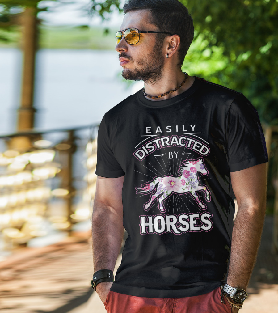 Easily Distracted By Horses Floral Design Horse Lover T-Shirt