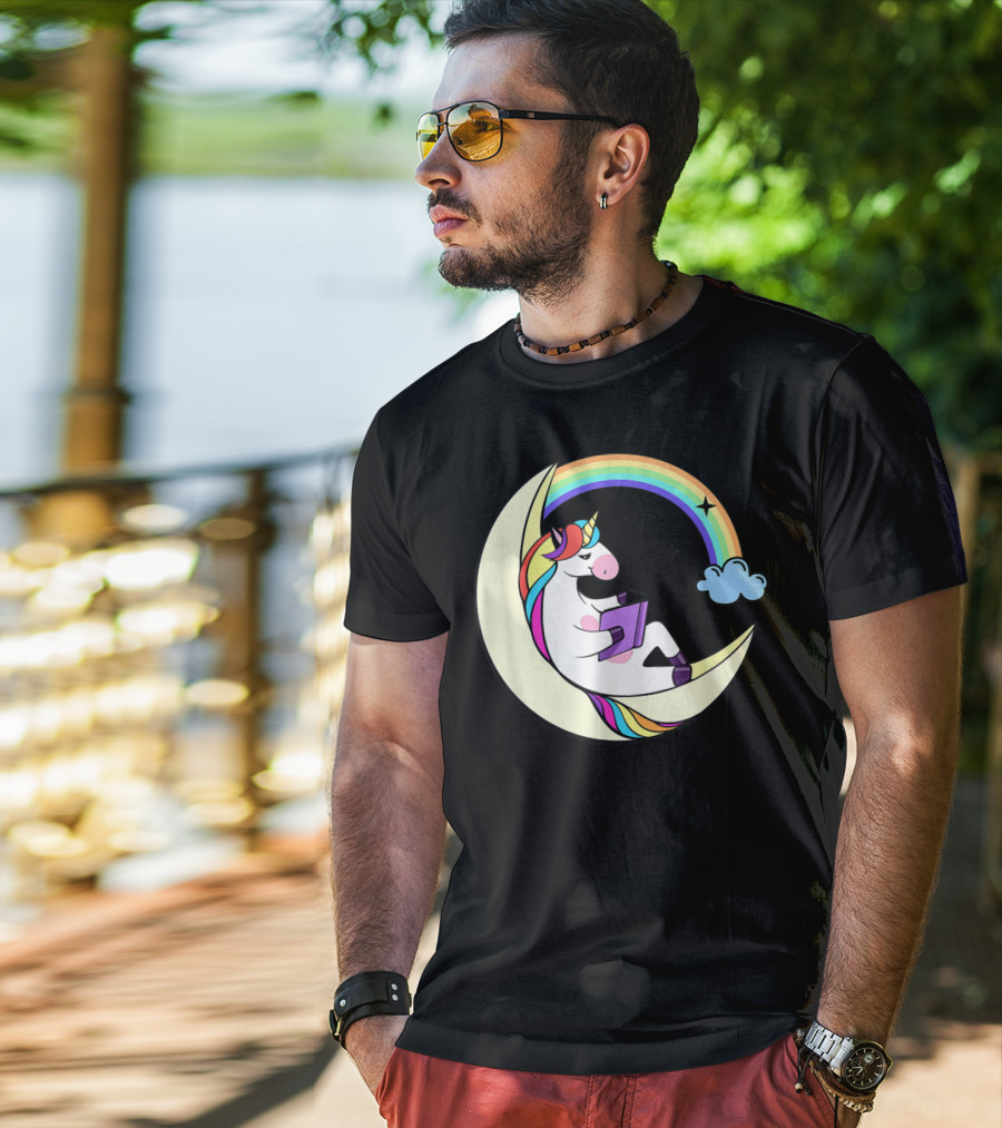 Unicorn Reading Book On Moon With Rainbow And Stars T-Shirt