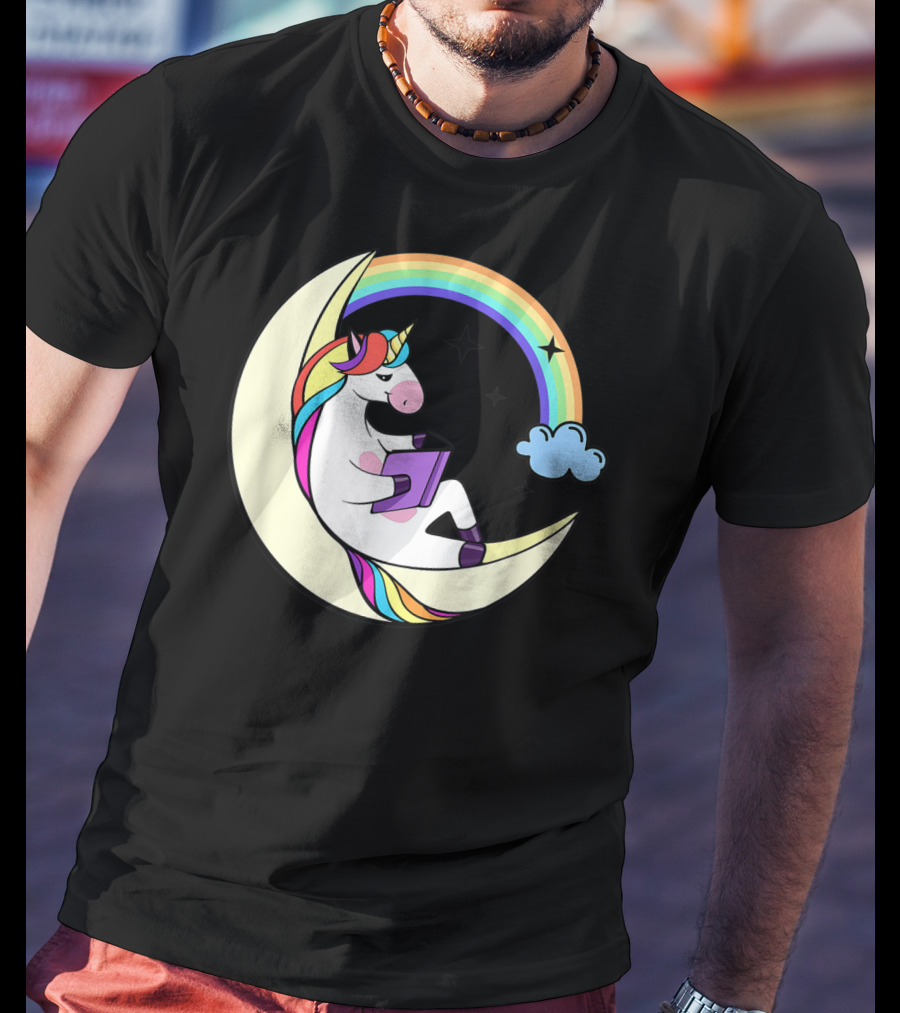 Unicorn Reading Book On Moon With Rainbow And Stars T-Shirt