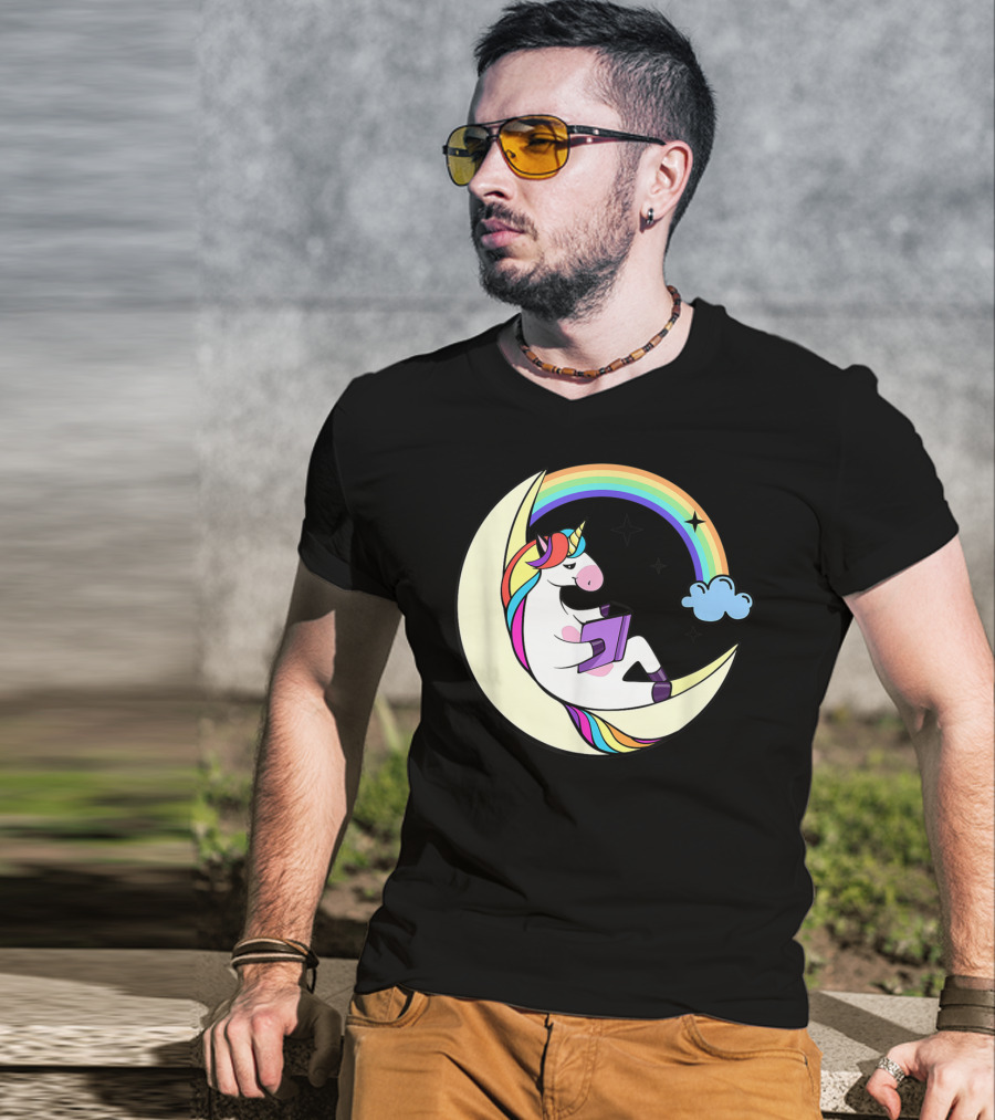 Unicorn Reading Book On Moon With Rainbow And Stars T-Shirt