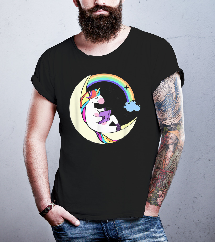 Unicorn Reading Book On Moon With Rainbow And Stars T-Shirt