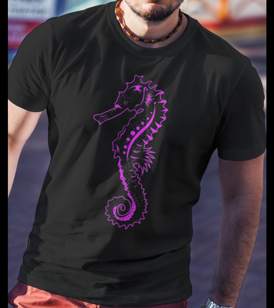 Cute Seahorse Sea Horse Neon Purple Black Sea Creature T-Shirt