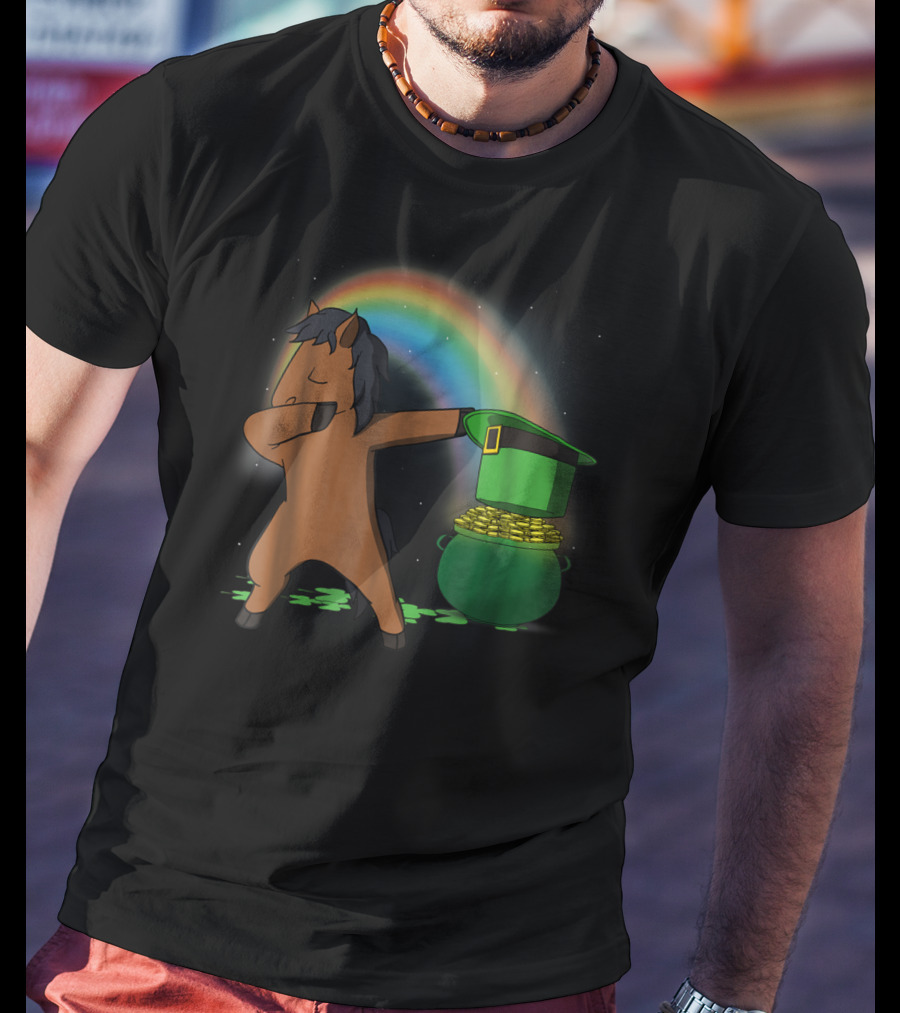 Dabbing Horse Leprechaun With Pot Of Gold And Rainbow T-Shirt