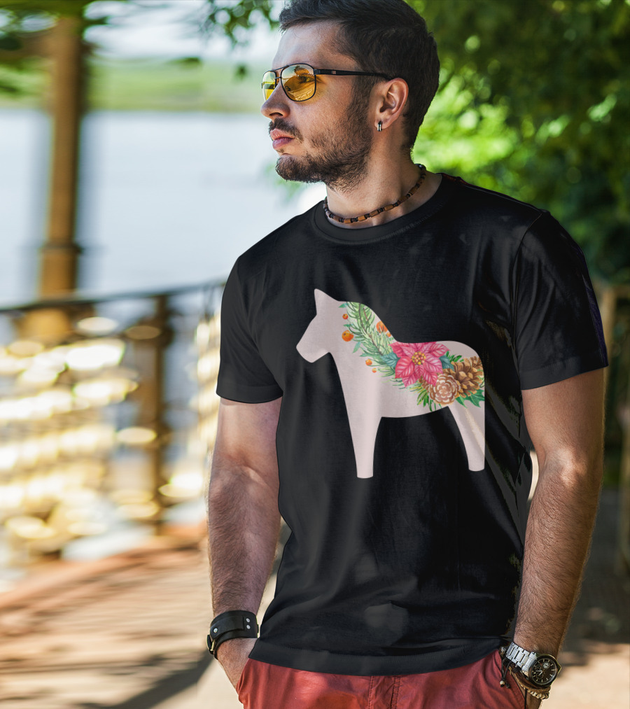Dala Horse Swedish Christmas Floral Design Sweden T-Shirt