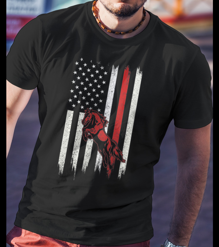Distressed American Flag With Red Horse T-Shirt