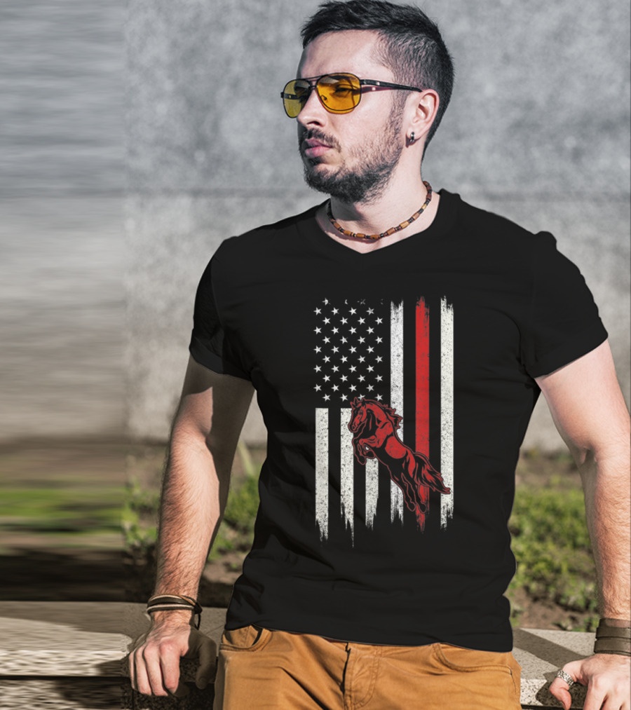 Distressed American Flag With Red Horse T-Shirt