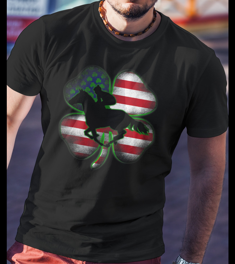 Distressed Horse Racing Shamrocks American Flag St 8W T-Shirt