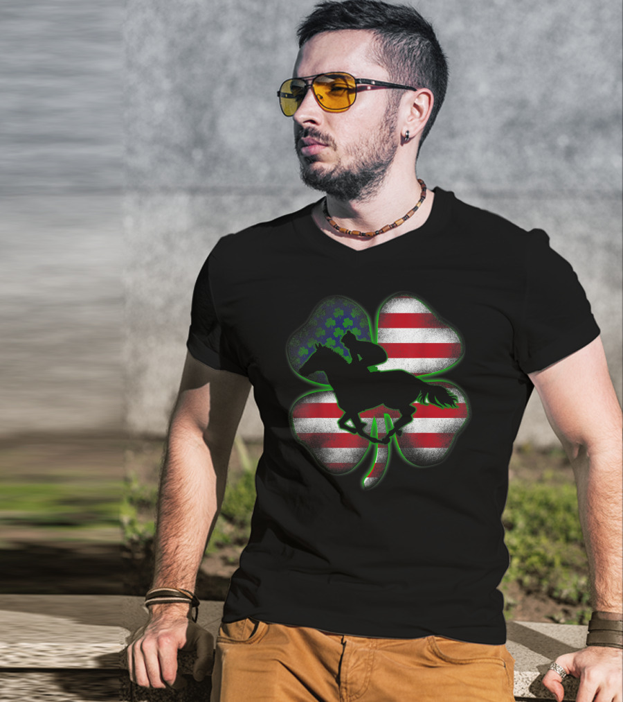 Distressed Horse Racing Shamrocks American Flag St 8W T-Shirt
