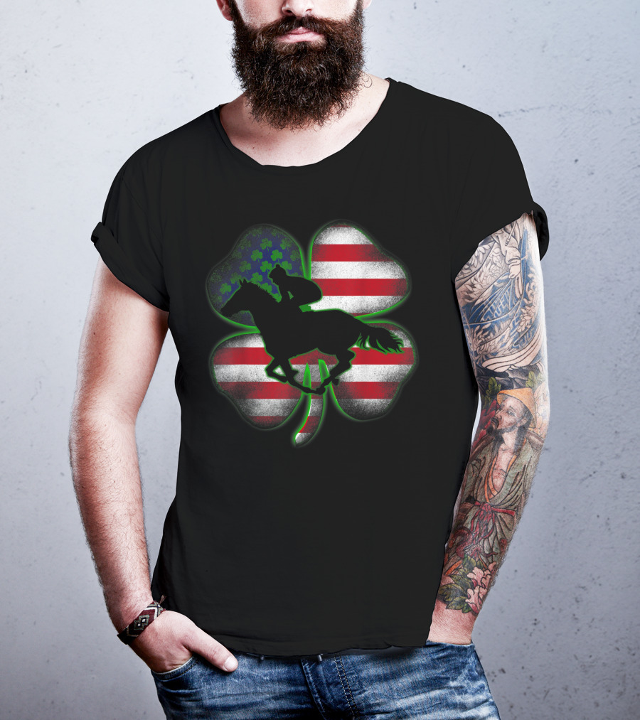 Distressed Horse Racing Shamrocks American Flag St 8W T-Shirt