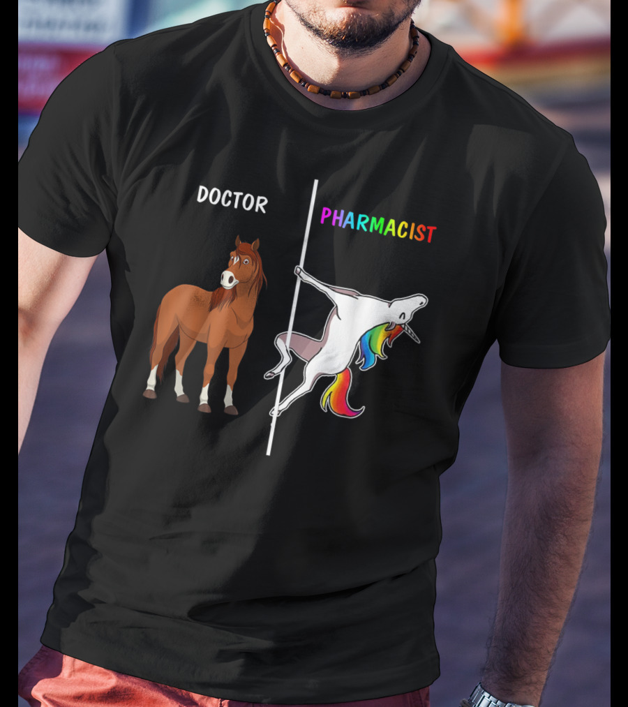 Doctor Horse Vs. Pharmacist Unicorn Rainbow Contrast T-Shirt