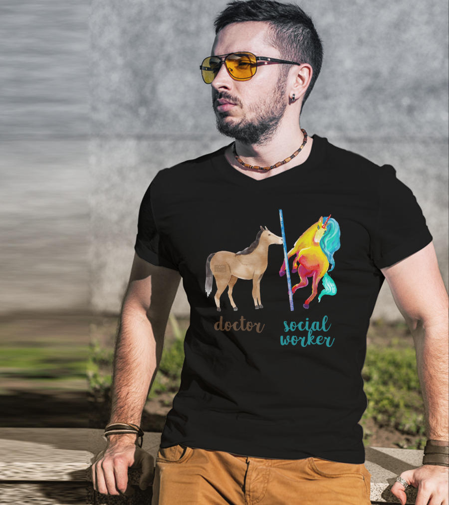 Doctor Horse And Social Worker Unicorn With Pole T-Shirt