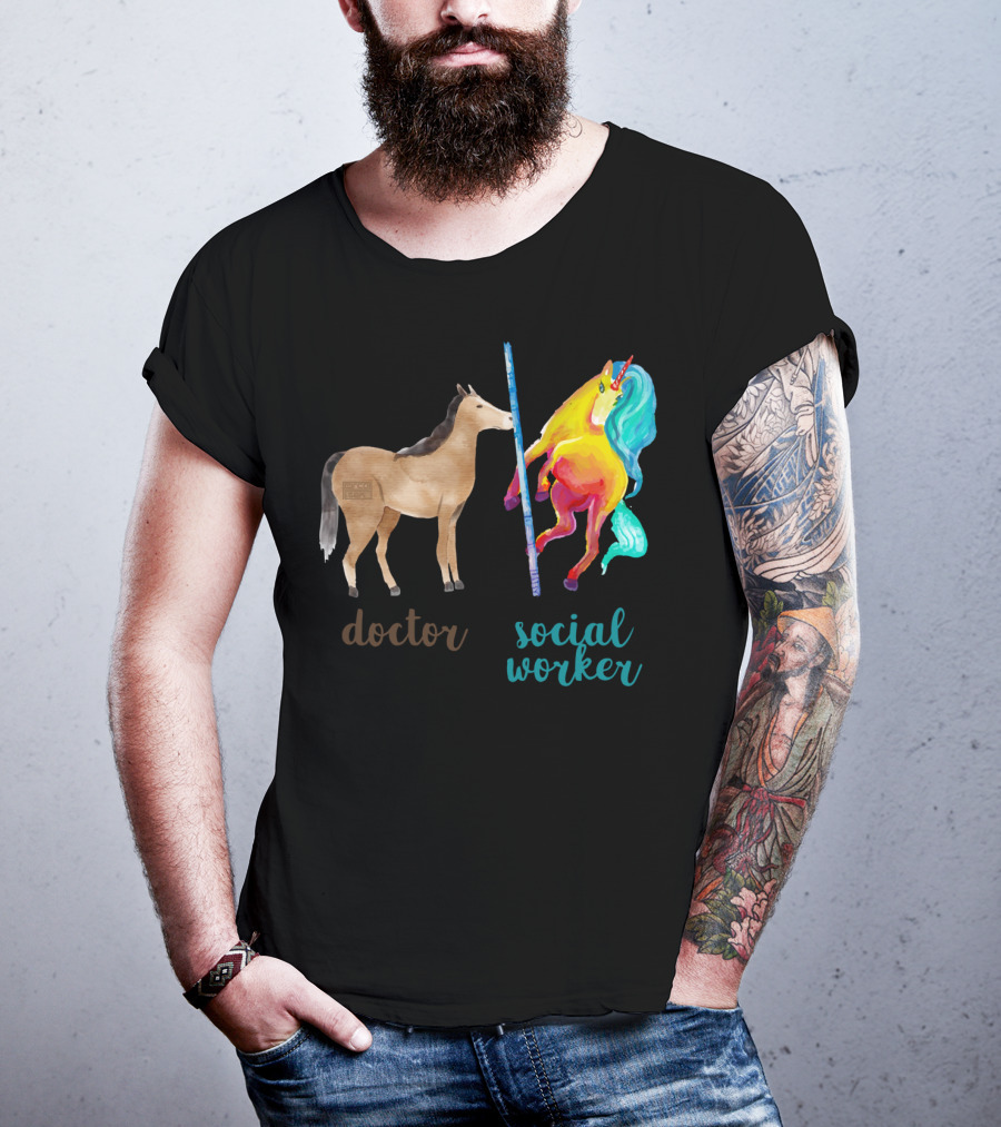 Doctor Horse And Social Worker Unicorn With Pole T-Shirt