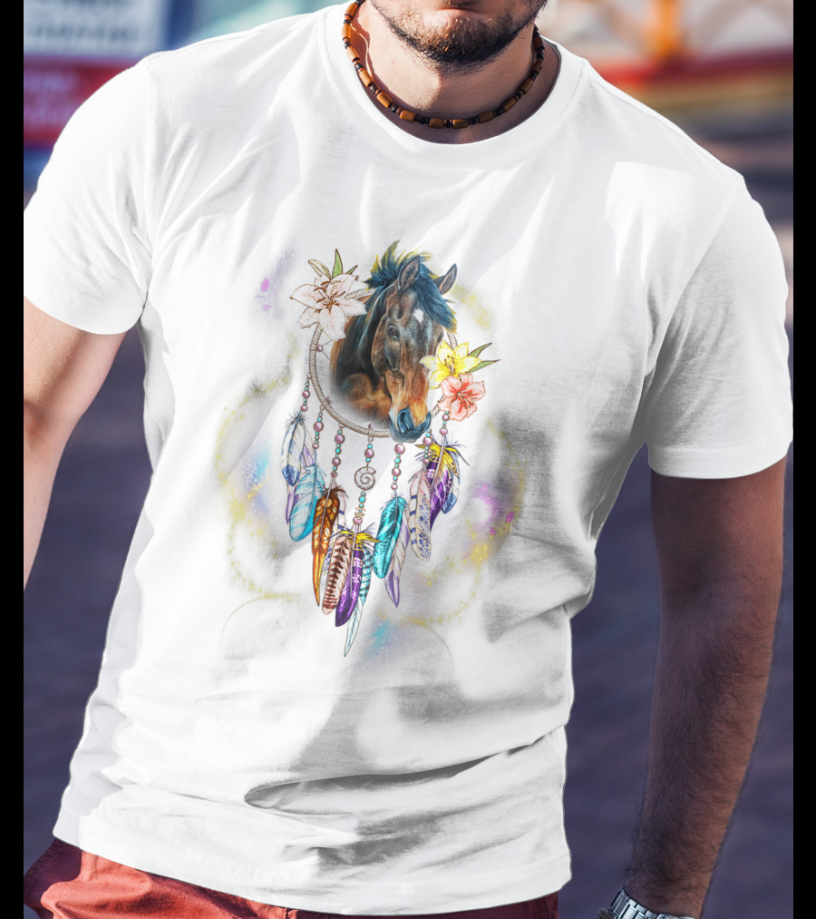 Dream Catcher Horse With Feathers And Flowers For Animal Lovers T-Shirt