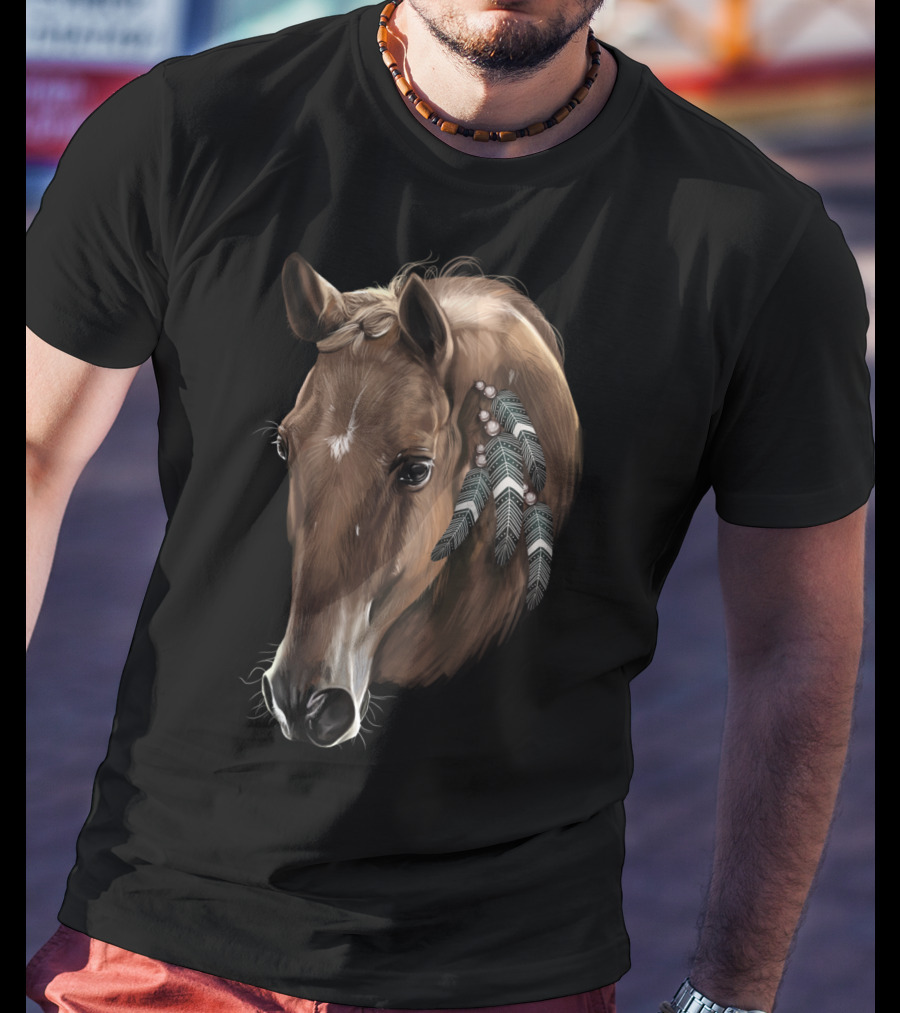 Cute Brown Tribal Horse With Feather Adornments T-Shirt