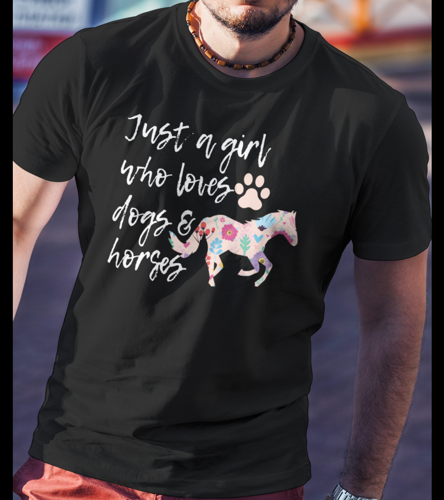 Just A Girl Who Loves Dogs And Horses Floral Horse Paw Prints T-Shirt